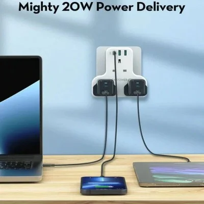 RAVPower PD Pioneer 20W 3 port charger White UK Version with 3 AC plug - White